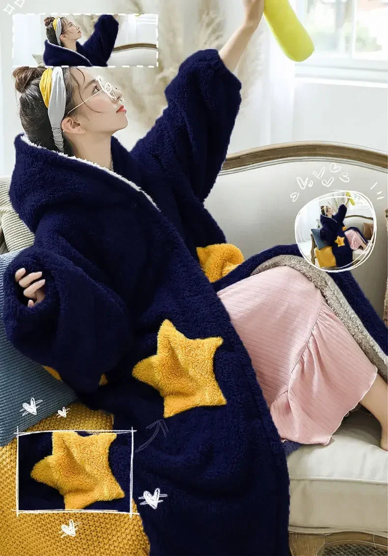 Peignoir de Bain Femme avec Capuche Moelleux bleu foncé