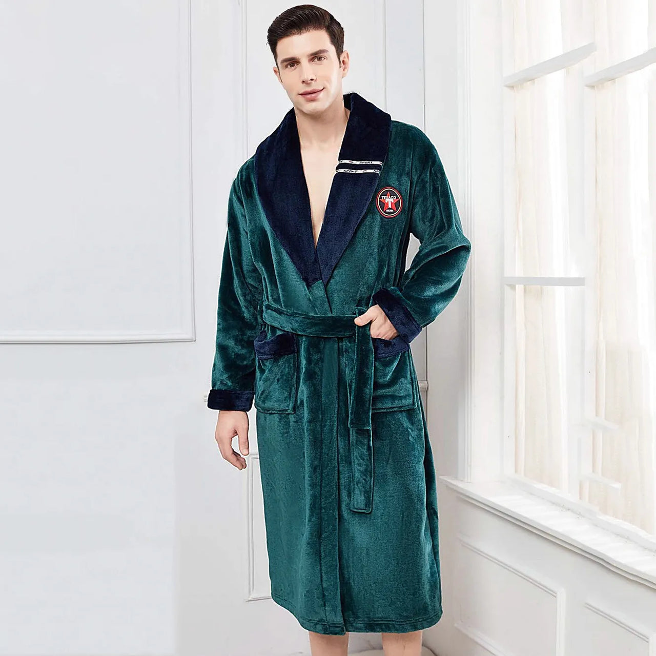 Peignoir de bain homme très grandes tailles vert col bleu