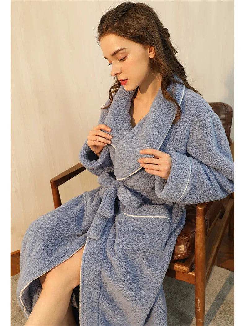 peignoir de bain femme épais polaire bleu ciel - vue face