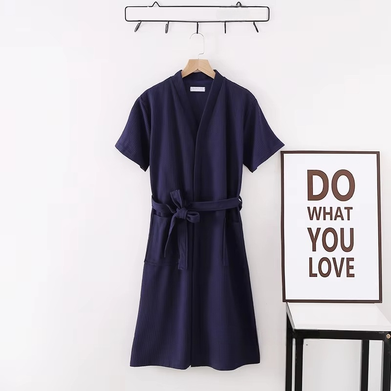 peignoir de bain femme ete coton gaufre coloris bleu marine - vue face