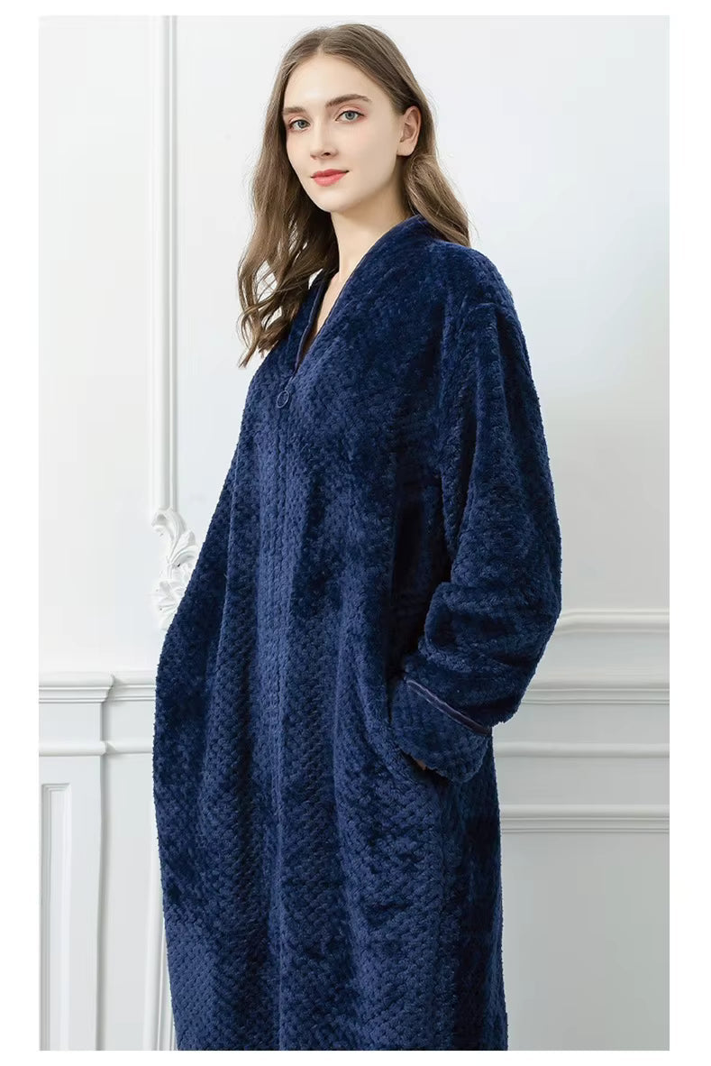 peignoir de bain femme fermeture éclair flanelle bleu marine - vue face