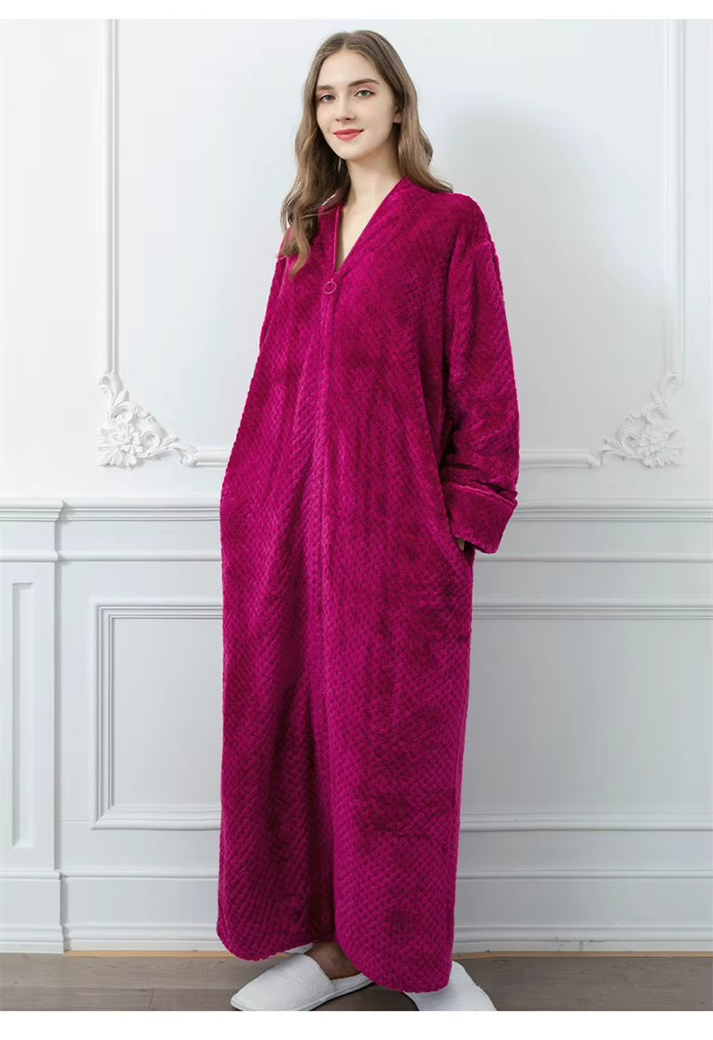 peignoir de bain femme fermeture éclair flanelle fuchsia - vue face
