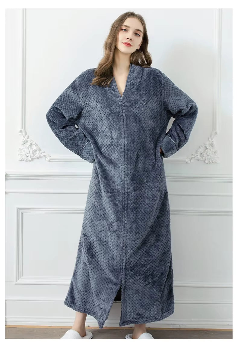 peignoir de bain femme fermeture éclair flanelle gris - vue face