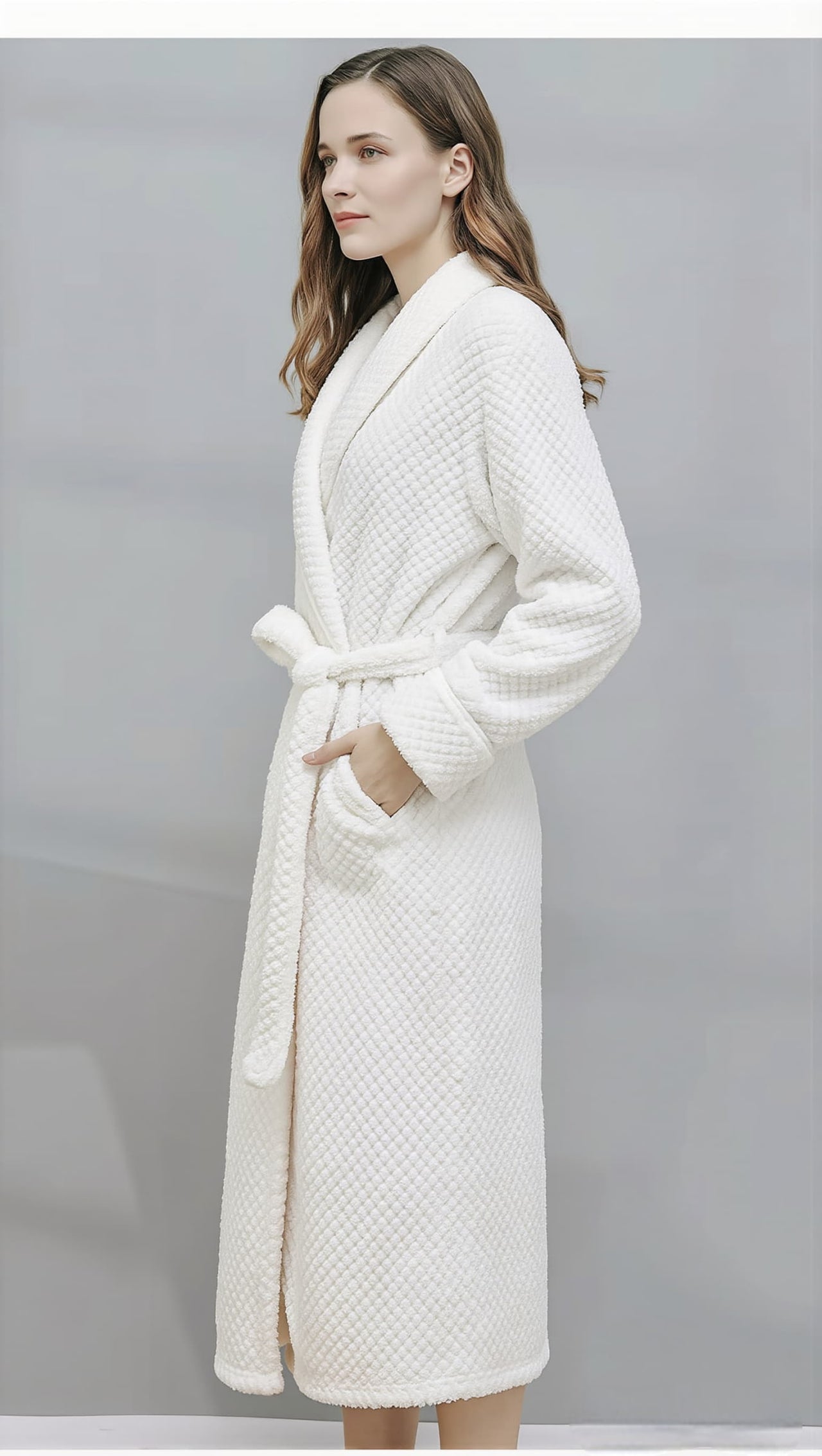 peignoir femme blanc long flanelle - vue cote