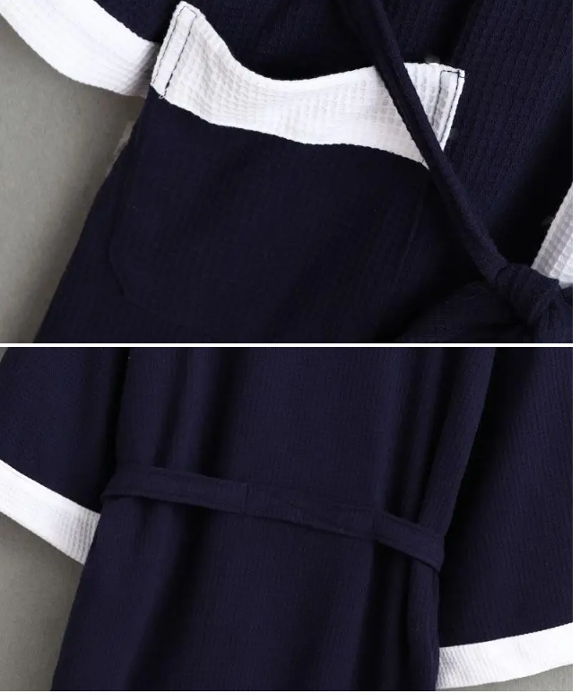 peignoir de bain femme nid d'abeille - détail tissu gaufré waffle bleu