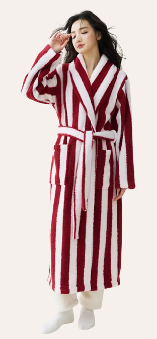 Peignoir femme rayé velours - coloris blanc et rouge
