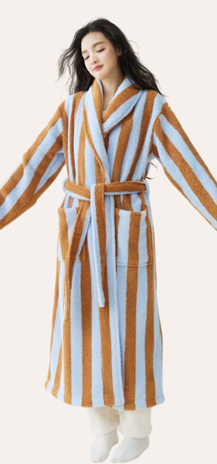 Peignoir femme rayé velours - coloris bleu et marron