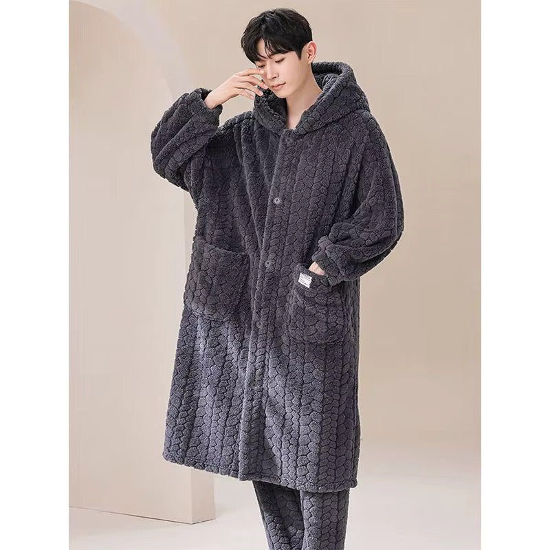peignoir homme capuche chaud gris - vue face
