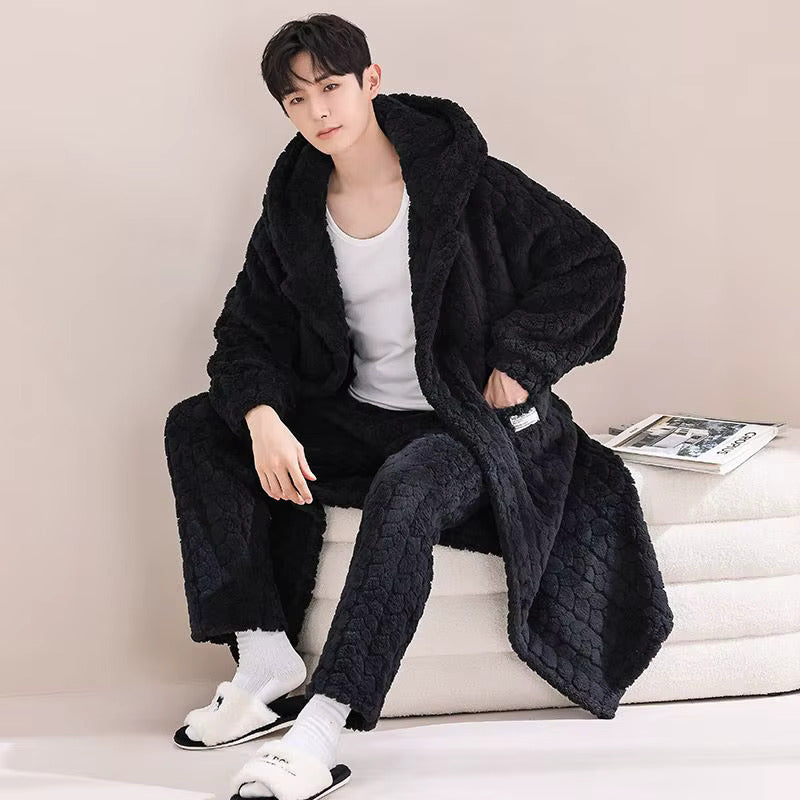 peignoir homme capuche chaud noir - vue assis