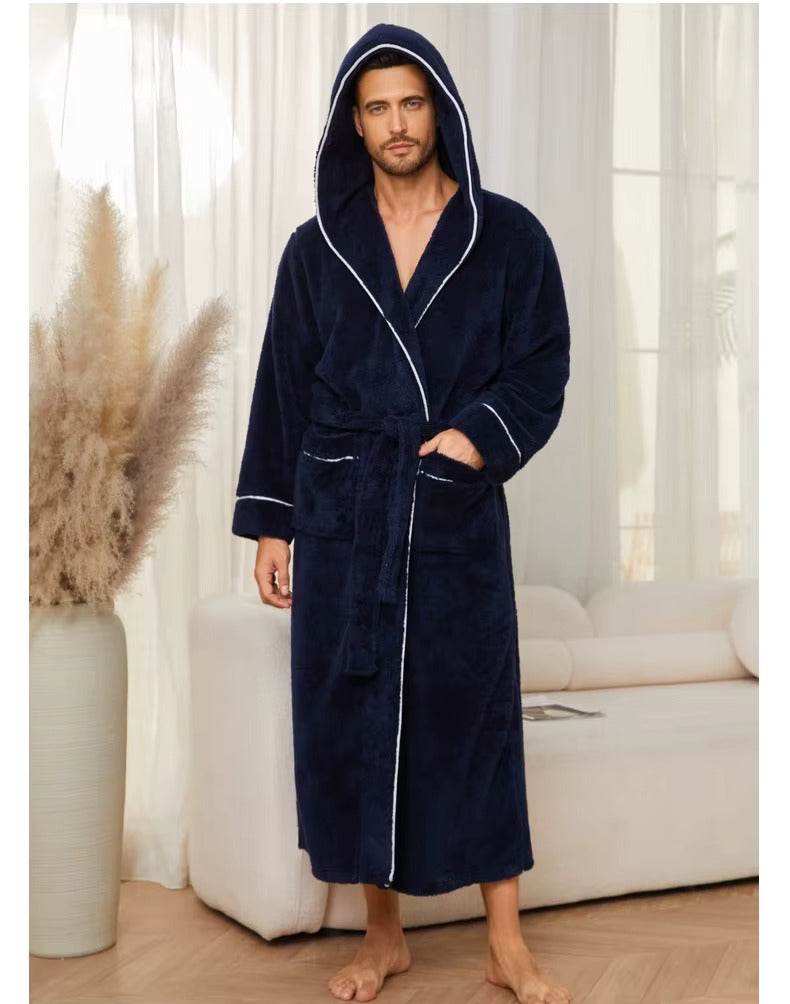 peignoir homme capuche long bleu - vue face