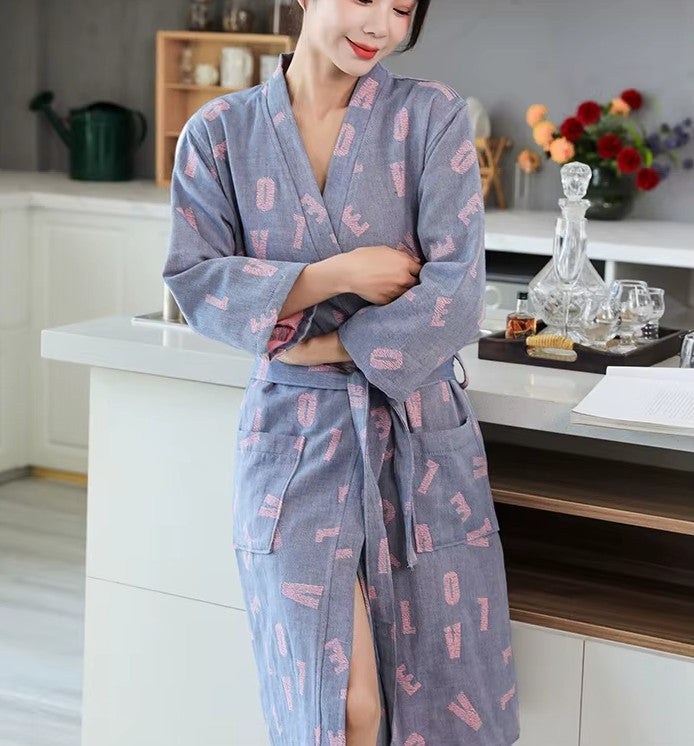 peignoir femme coton bleu motif love