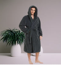 Thumbnail for Peignoir homme capuche uni — velours jacquard, M au 2XL